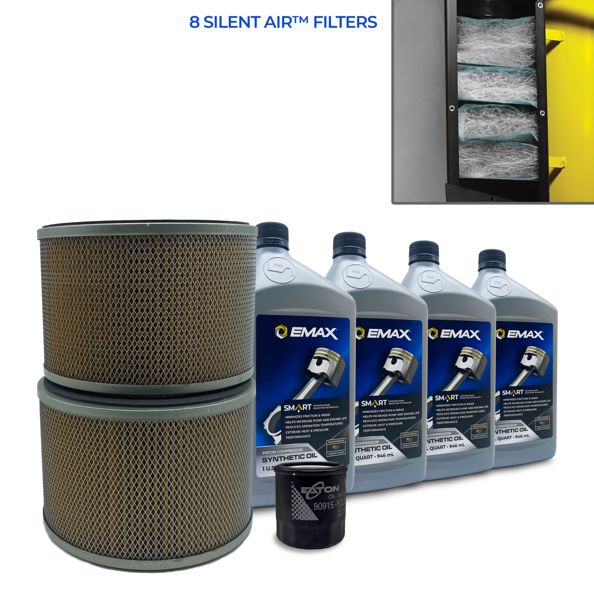 EMAX 5YR Extended Silent Air Warranty Filter Maintenance kits for 25hp Piston Compressors, includes (4) OILPIS102Q (2) FILTER092 (8) FILTER107 (1) FILTER130 Oil Filter , Model # EFKIT010AWBS